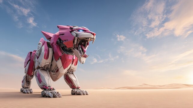 Futuristic Robotic Tiger Standing in a Vast Desert Under a Clear Sky During Sunset, Showcasing Its Powerful Design and Vivid Colors