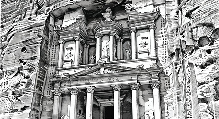 Fototapeta premium Petra ancient temple Jordan architecture landmark line art vector design.
