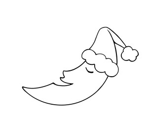 サンタクロースの帽子をかぶって眠る三日月のシンプルな線画イラスト