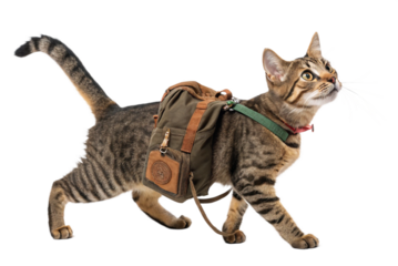 funny adventure of a cat or kitten on a trip with a backpack, capturing the playful spirit of this animal pet in a png image featuring a charming tabby isolated on white background 