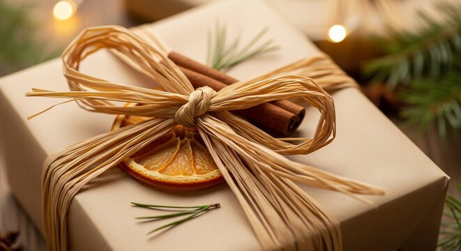 Tan gift box adorned with raffia bow dried orange slice and cinnamon sticks Pine needles accent