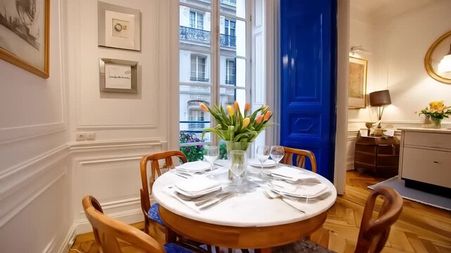 A charming, Parisian-style apartment interior showcasing a dining area and a vibrant blue kitchen.