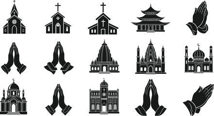 Religious icons, church, mosque, temple, pagoda, praying hands, spirituality, faith, worship, interfaith, religion symbols, cultural diversity, sacred architecture, meditation, belief, holy places