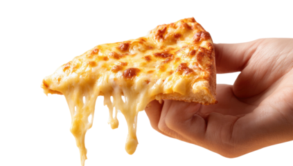 A hand holding a single, delicious slice of a cheesy, baked food item