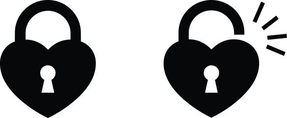 Two black heart shaped padlocks one locked one unlocked with radiating lines vector