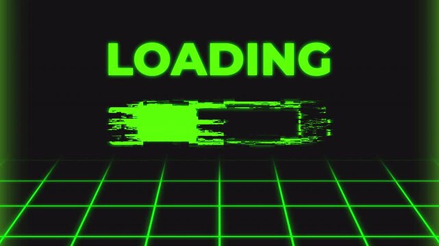 Neon green loading glitch bar animation with futuristic grid background. tech videos, and cyber style loading screen
