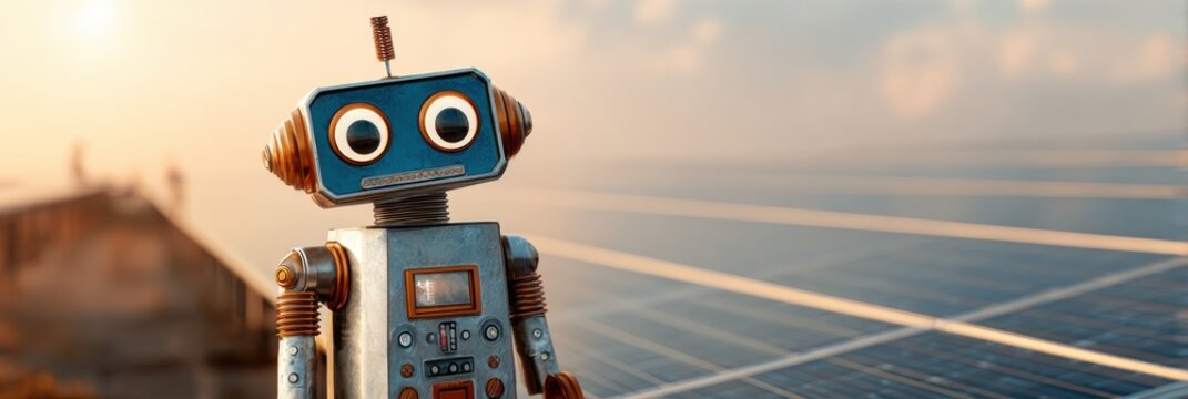 Robot Standing in Front of Solar Panels During Sunset Showcasing Renewable Energy Technology and Innovation