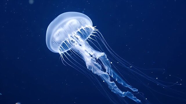 A luminescent jellyfish drifts in deep blue water, its translucent body and tentacles illuminated - Powered by Adobe