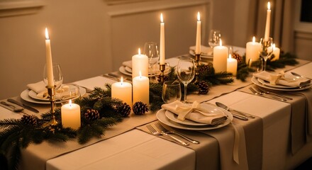Elegantly set table with lit candles pine cones and garland on a table runner
