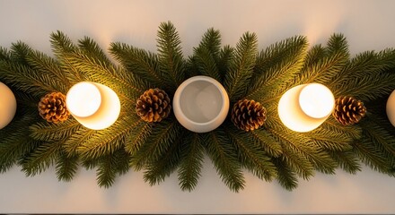 Garland with pinecones glowing lamps and a bowl centered on a white surface