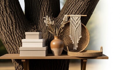 Still life stack of boxes vase with dried plants macrame and baskets on a wooden table backdrop of tree trunk and blurred background