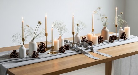 Table adorned with candles vases pinecones and a grey runner creating a festive serene setting