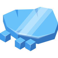 Isometric light blue ice floe with three blue ice cubes in foreground on transparent background abstract cold concept design element