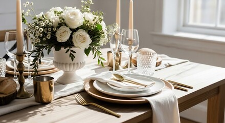 Table set with white roses candles  gold cutlery Neutral color palette bright lighting