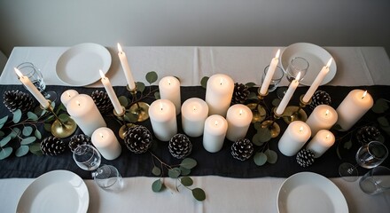 Table setting with white plates glasses candles pinecones and eucalyptus leaves on a white tablecloth over a black runner
