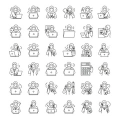 Collection of line art illustrations depicting a woman wearing a hijab in various work-related scenarios.