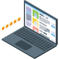 Isometric laptop displaying a website with star ratings reflecting customer satisfaction and online review feedback for product assessment and service quality evaluation