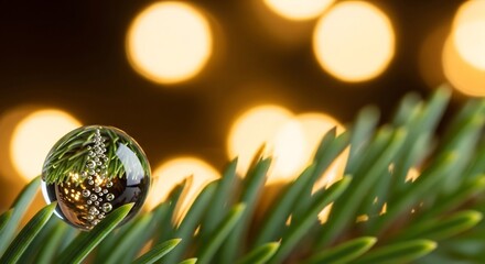 Water droplet on a pine needle reflects the tree  bokeh lights