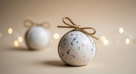 White speckled ornament with raffia bow on light surface Soft bokeh lights in background