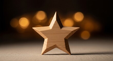 Wood star stands before blurred lights casting a shadow on the textured surface
