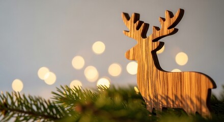 Wood reindeer stands among pine needles soft lights bokeh in background