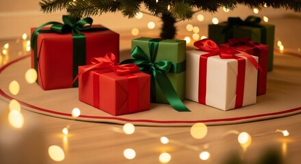 Wrapped gifts in red green and white are under a tree with glowing string lights