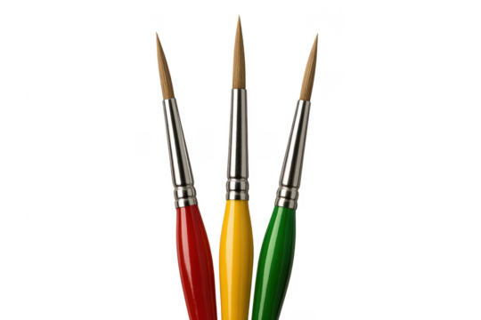 Three colorful paintbrushes for creative painting on transparent background