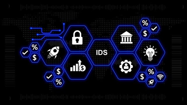 Digital IDS concept with cybersecurity and financial icons in hexagons on dark background Intrusion Detection System