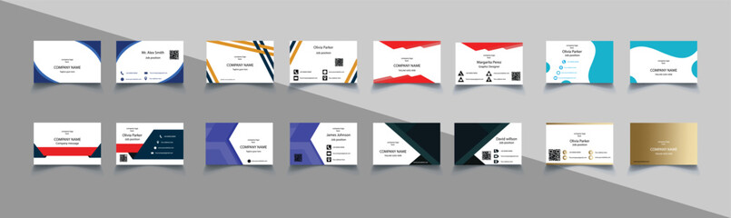 Professional business card template collection. Bundle of modern corporate visiting card designs in multiple color schemes with clean name card vector layouts.