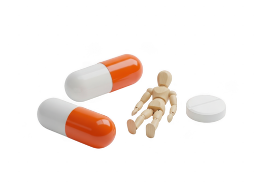 Wooden figure sitting between capsule pills and tablet isolated on transparent background