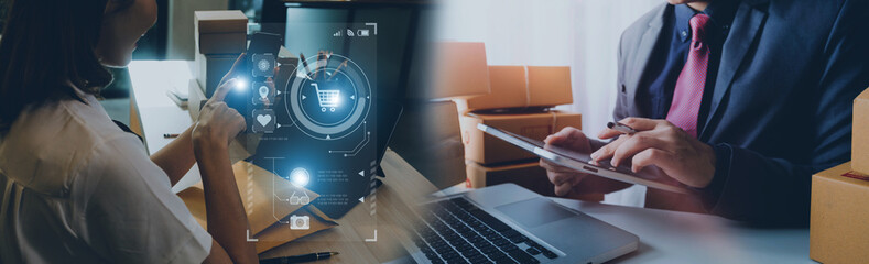 Fototapeta premium Startup small business entrepreneur or freelance Asian woman using a laptop with box, Young success Asian woman with her hand lift up, online marketing packaging box and delivery, SME concept.