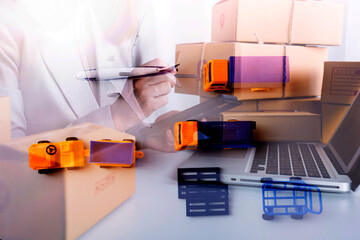 Online sales ideas for work at home. Asian man is answering phone calls. To accept orders from...