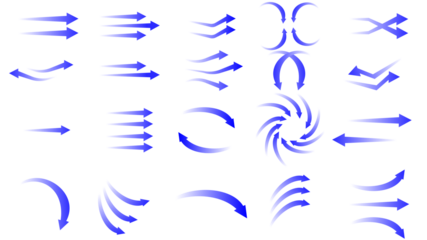 A collection of blue arrow icons and symbols depicting motion, speed, direction, and various types of movement.