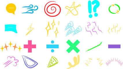 A collection of colorful hand-drawn style graphic elements, including speech bubbles, swirls, stars, and mathematical symbols.
