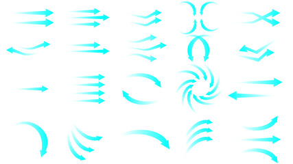 A diverse collection of glowing cyan arrow icons representing motion, flow, and direction.