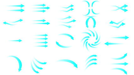 A diverse collection of glowing cyan arrow icons representing motion, flow, and direction.