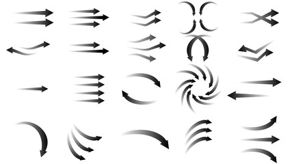 Collection of various black arrow icons with different shapes and directions, vector illustration.