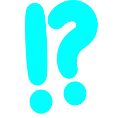 A bright cyan exclamation mark and question mark side-by-side on a white background.