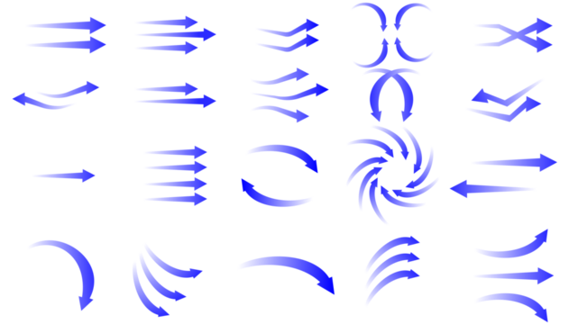 A collection of blue arrow icons and symbols depicting motion, speed, direction, and various types of movement.