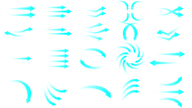 A diverse collection of glowing cyan arrow icons representing motion, flow, and direction.