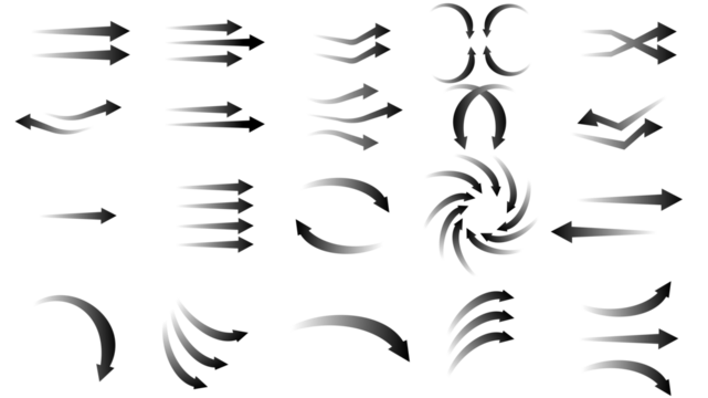 Collection of various black arrow icons with different shapes and directions, vector illustration.