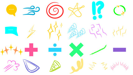 A collection of colorful cartoon-style graphic elements, including speech bubbles, wind, spirals, stars, punctuation, and mathematical symbols, arranged on a white background.