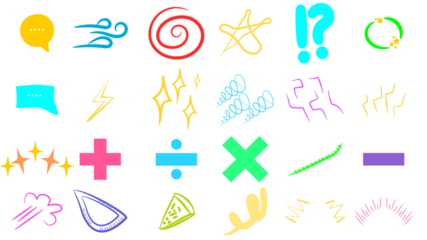 A collection of colorful cartoon-style graphic elements, including speech bubbles, wind, spirals, stars, punctuation, and mathematical symbols, arranged on a white background.