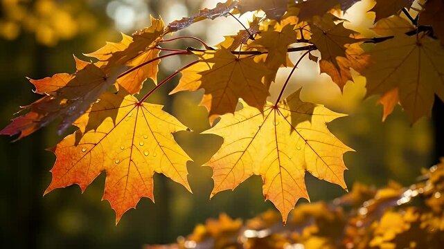Close-up of autumn leaves on a branch, illuminated by the sun with a blurred background