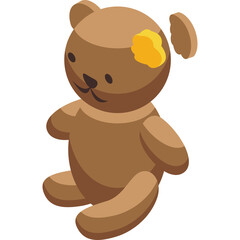 Brown teddy bear toy with yellow spot on head sitting down isolated on white background isometric view detailed cute plush toy for children