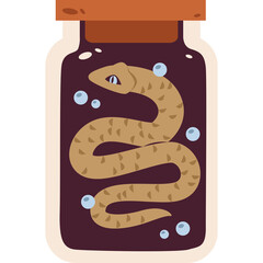 Brown Textured Snake Curled Inside A Glass Jar Filled With Dark Purple Liquid And Small Bubbles On A Transparent Background