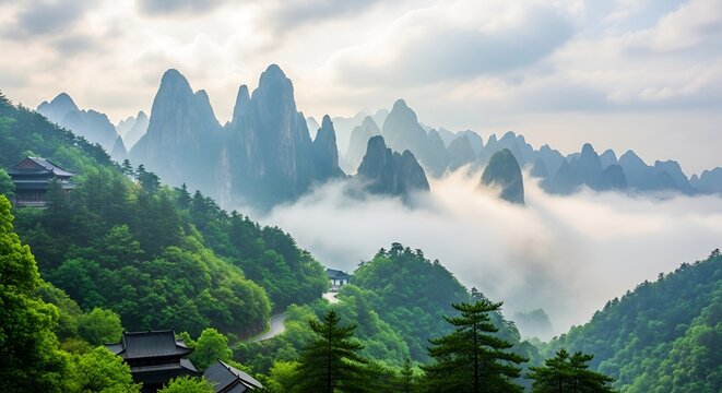 Breathtaking Huangshan Mountains View with Cloudscape and Traditional Chinese Architecture