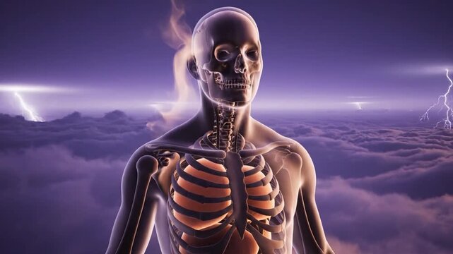 Human Anatomy Model Displaying Internal Organs and Skeletal Structure Against a Dramatic Sky with Lightning Bolts Medical Visualization Educational Resource Healthcare