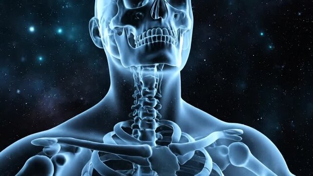 Human Anatomy X-Ray Scan of Torso and Head Rotating Against Space Background for Medical Examination and Disease Visualization in Health Awareness Campaigns