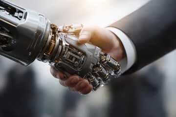 A futuristic concept of trust and collaboration between a human and a robot, symbolized by a digital handshake. A person is seen holding a camera in their hand, ready to capture the moment.
